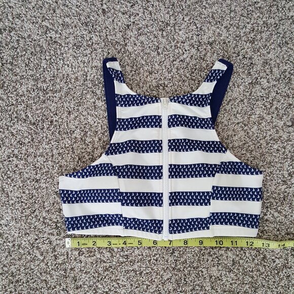 VENUS High Neck Zip Up Striped Sailboat Nautical Print Bikini Top Blue White 4 - Picture 7 of 9